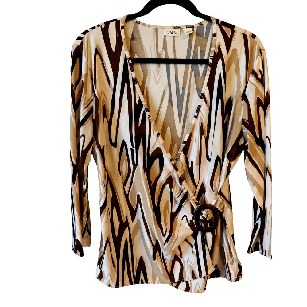 Cato Womens Faux Wrap Top‎ Y2K Brown Vintage Asymmetrical Buckle Med 3/4 Sleeve